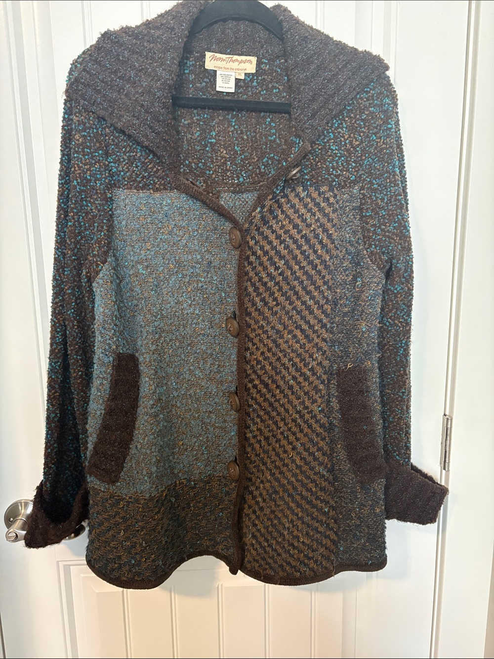 Norm Thompson Textured Boho Sweater Brown Turquoise Patchwork XL